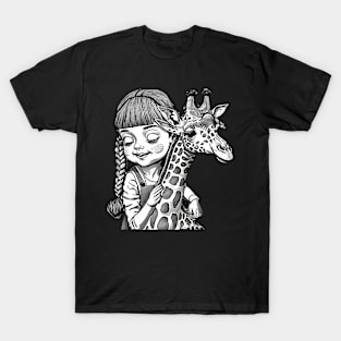 Girl And Giraffe Illustration T-Shirt